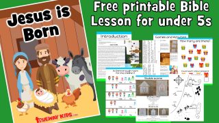 FREE printable Bible lesson for Christmas, Focuses on the trip to Bethlehem and Jesus’ birth in a stable. Worksheets, coloring pages, crafts and more.