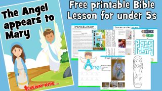 The Angel appears to Mary - Free printable Bible lesson for kids. Includes Christmas worksheets, Angel crafts, Bible coloring pages and more.