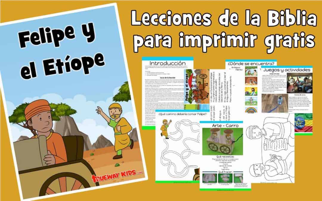 Felipe y el etíope. lección para niños. La impresión gratuita incluye historia, juegos, hojas de trabajo, páginas para colorear, manualidades, canciones y más. ideal para hogar o iglesia. Hechos 8: 26-40 nos dice cómo Dios llevó a Felipe a un oficial etíope de alto rango para ayudarlo a comprender el Evangelio. Nos recuerda que siempre debemos estar dispuestos a compartir a Jesús con los demás.