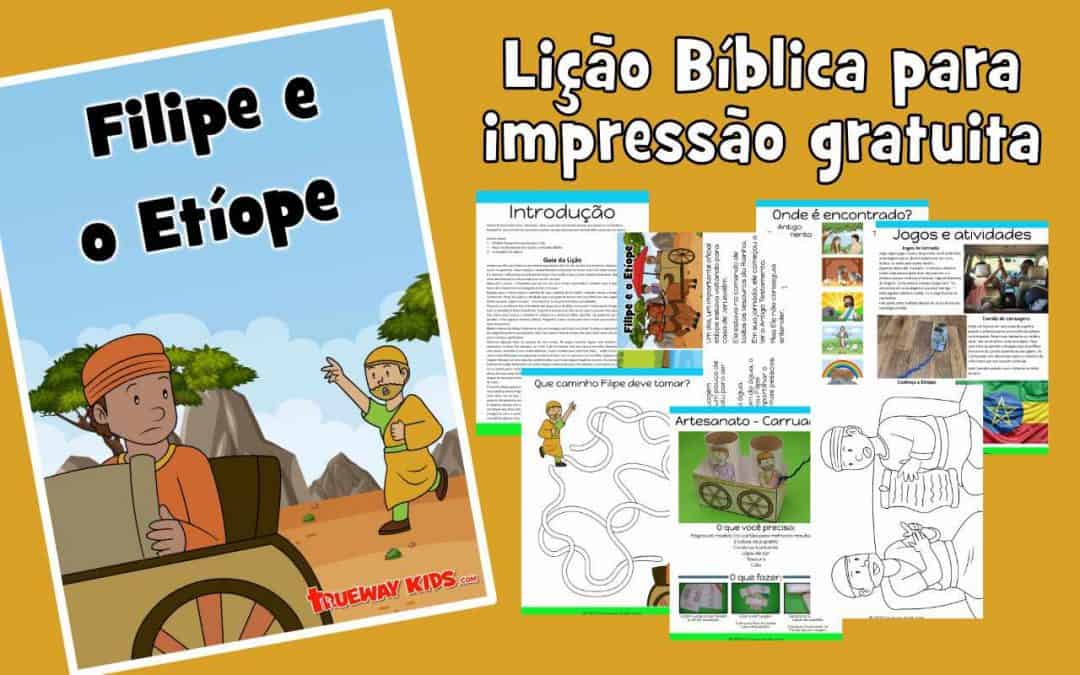 Filipe e o etíope. lição para crianças. A impressão gratuita inclui história, jogos, planilhas, páginas para colorir, artesanato, músicas e muito mais. ideal para casa ou igreja. Atos 8: 26-40 nos diz como Deus conduziu Filipe a um alto oficial da Etiópia para ajudá-lo a entender o Evangelho. Isso nos lembra que devemos estar sempre prontos para compartilhar Jesus com os outros.