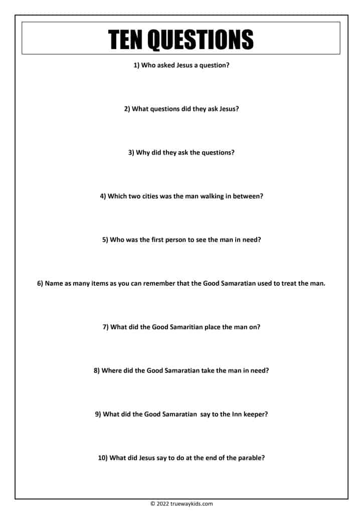 The Parable of the Good Samaritan - Quiz questions for teens