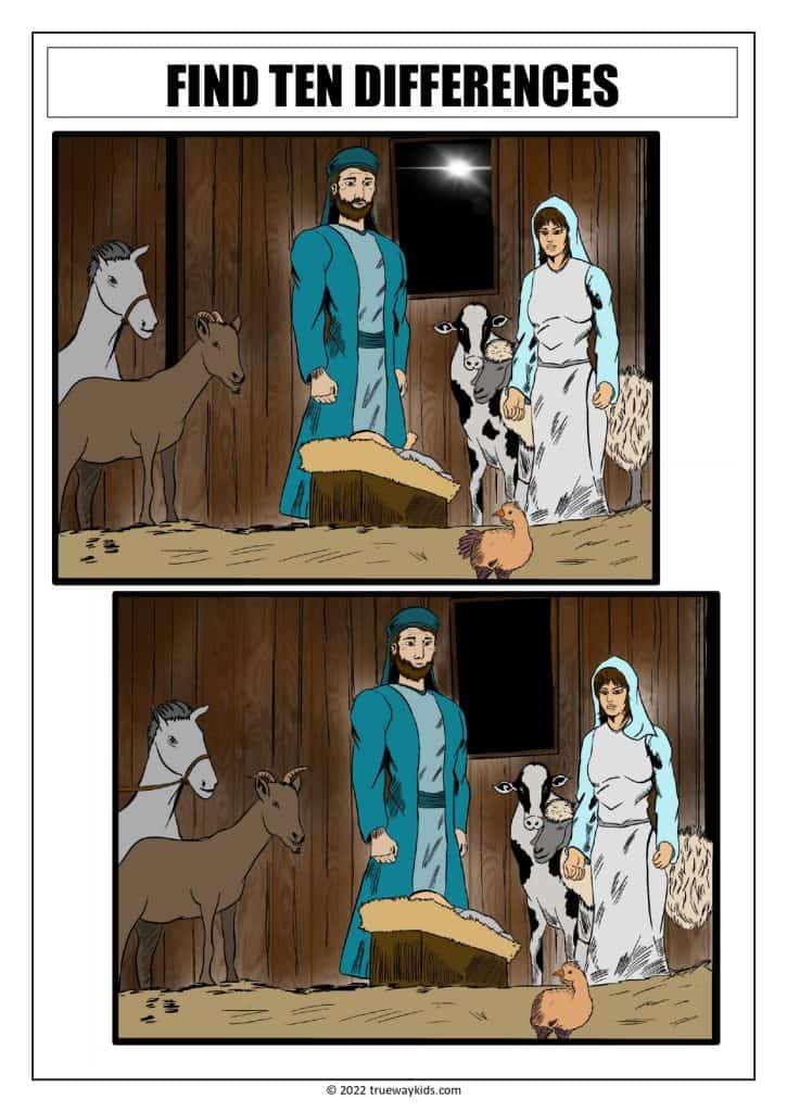 Jesus is born spot the difference worksheet  for teens - stable scene