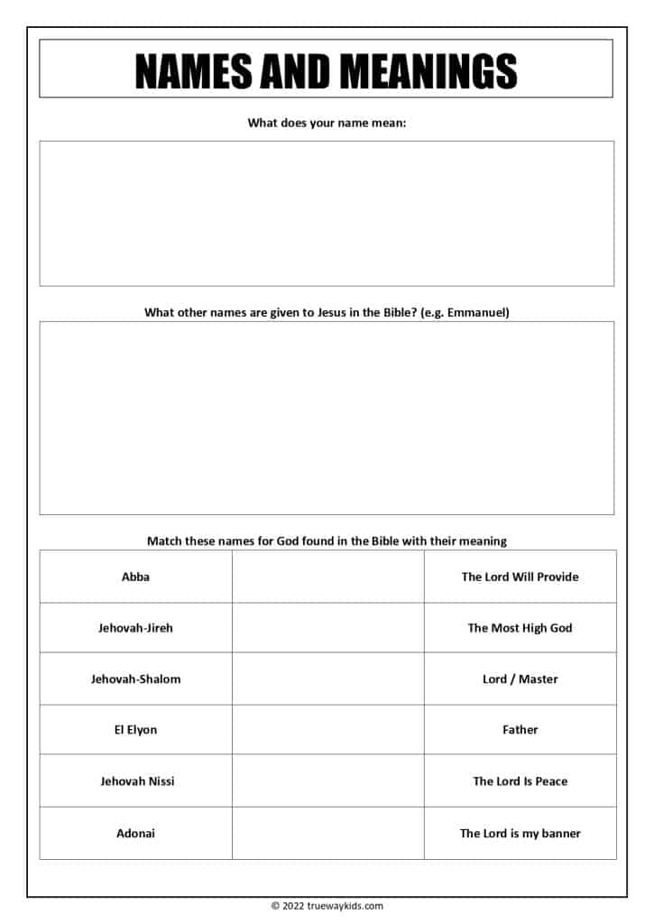 Names of God and their meanings - word search worksheet  for teens