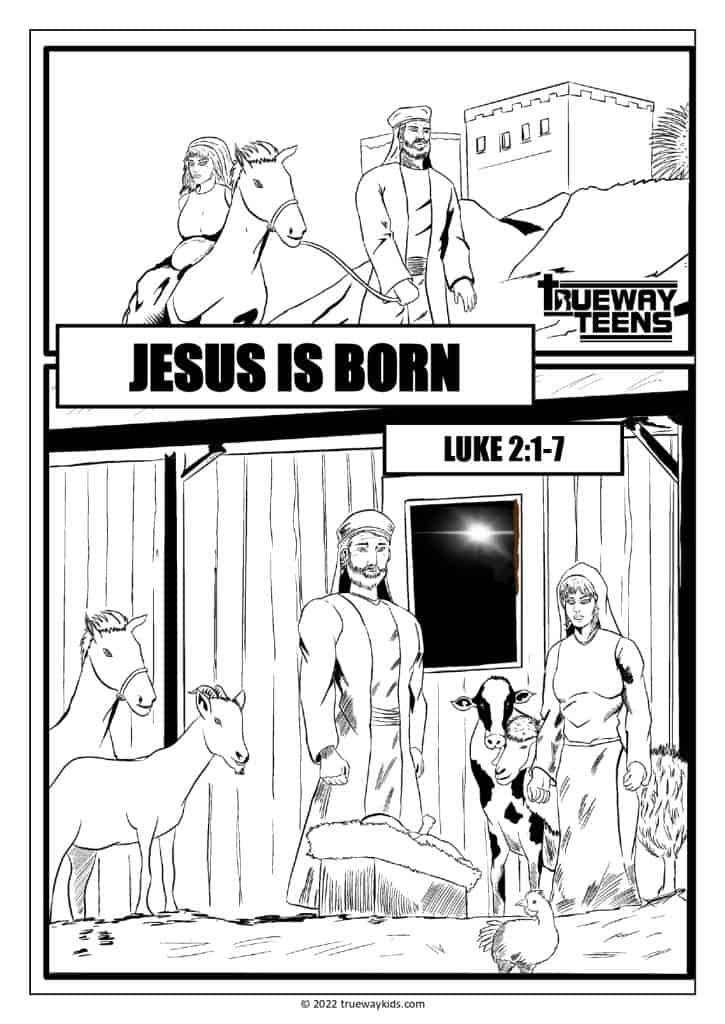 Jesus is born coloring page for teens - stable scene - free printable