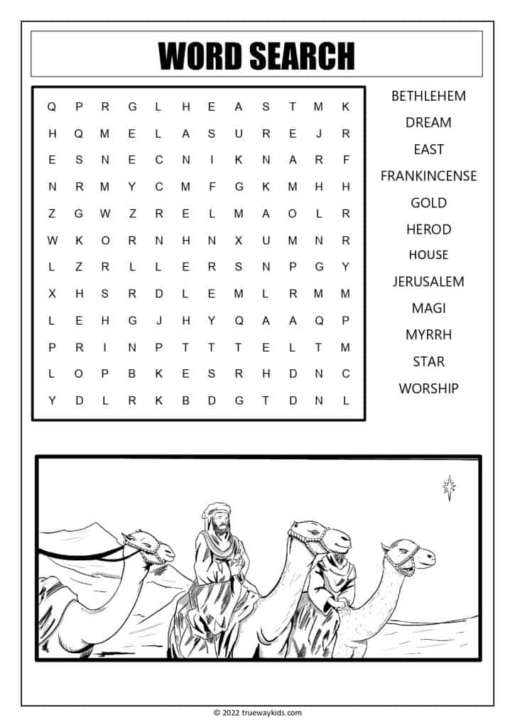 Wise men (Magi) word search worksheet for teens (with key words)