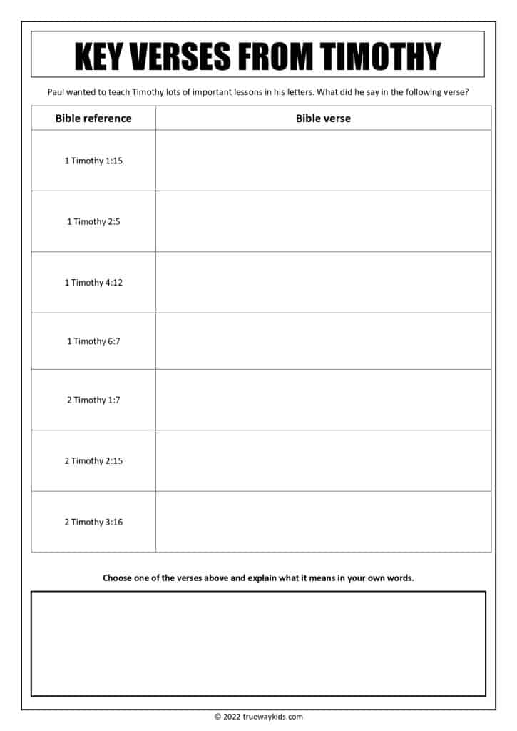 Key Bible verses from Paul's letters to Timothy - Worksheet for teens