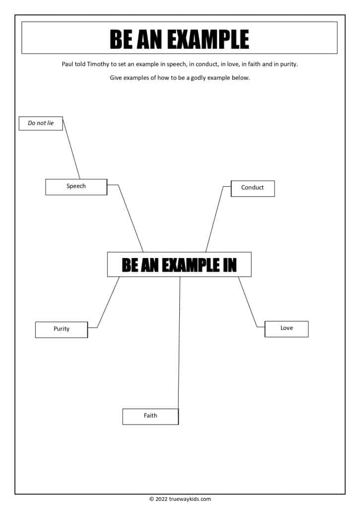 This bible study lesson for teens is based on 1 Timothy 4:12. In it, we learn that we are to be an example to others in word, in conduct, in love, in faith, and in purity. This printable worksheet will help your teen to understand what it means to be an example to others and how they can live out this biblical principle in their own life. #teenbiblestudy #biblelessonforteens #teens #bibleworksheet