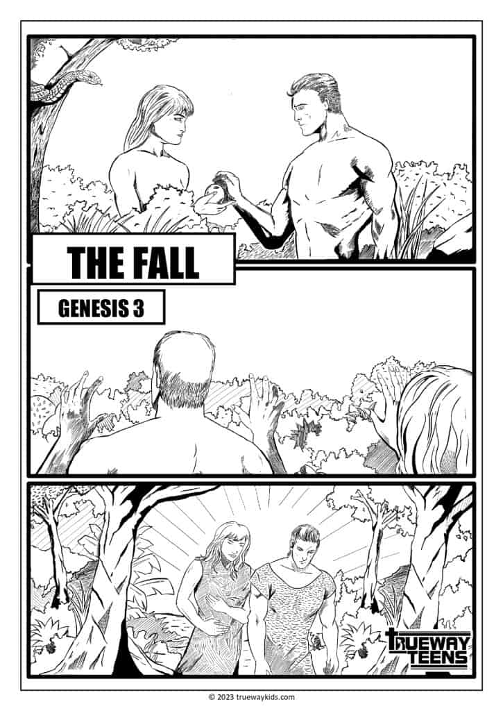 Adam, Eve and the Fall - Coloring page for teens. Free printable