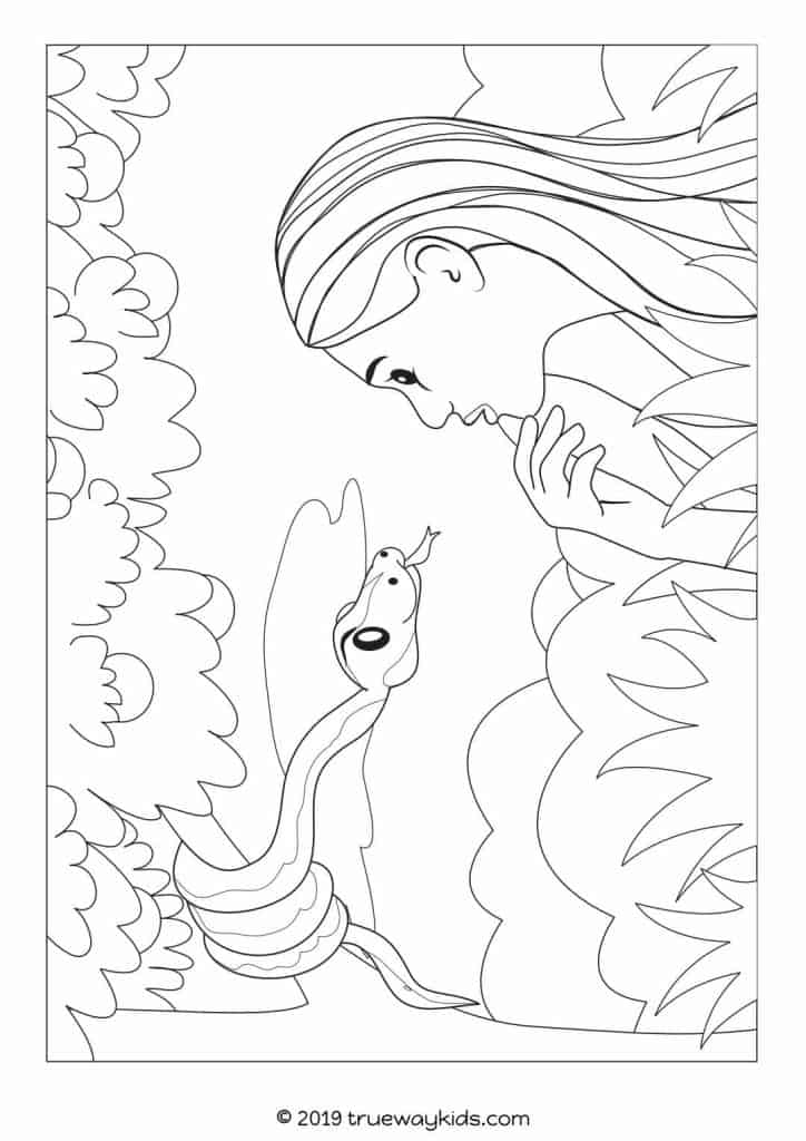 The fall - colouring page for kids. The snake talking to Eve. Free printable