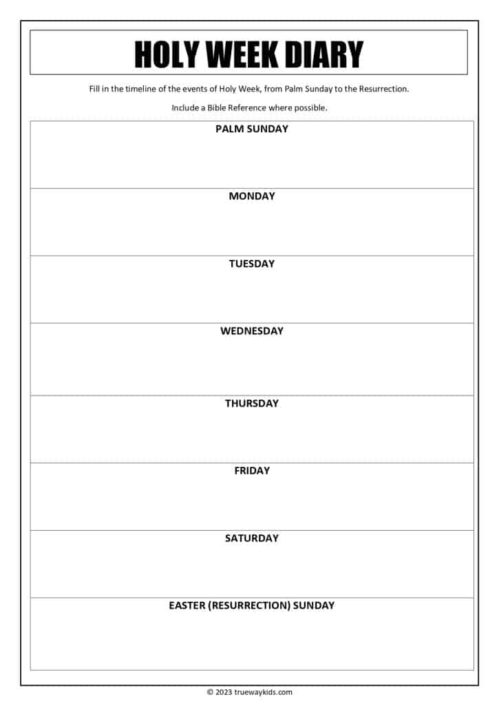 Holy Week - Write the events for each day. Worksheet for youth