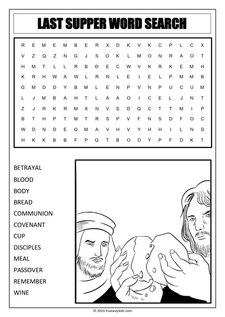 Last Supper word search worksheet for teens
