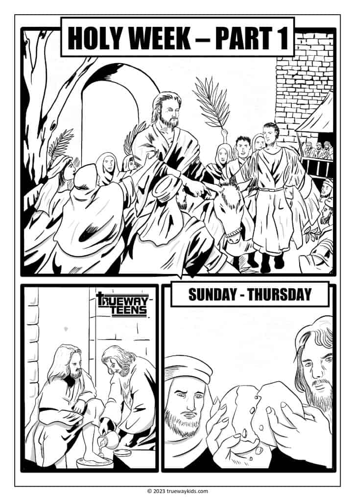 Palm Sunday, washing feet, last supper coloring page for youth