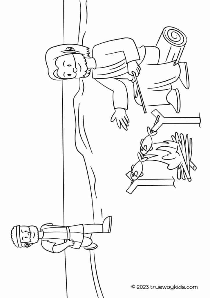 Jesus makes breakfast on the beach - Coloring page for kids - Kids love to color, and this coloring page featuring Jesus making breakfast on the beach is sure to be a hit! Use this coloring page during your John 21 Bible lesson to help children learn about Jesus restoring Peter.