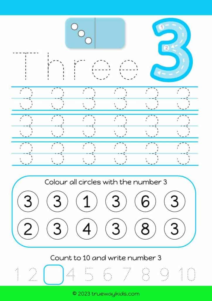 Learn about number 3 - worksheet for kids