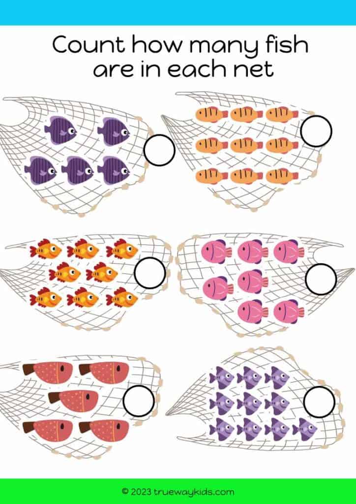 count the fish in the net - worksheet for kids