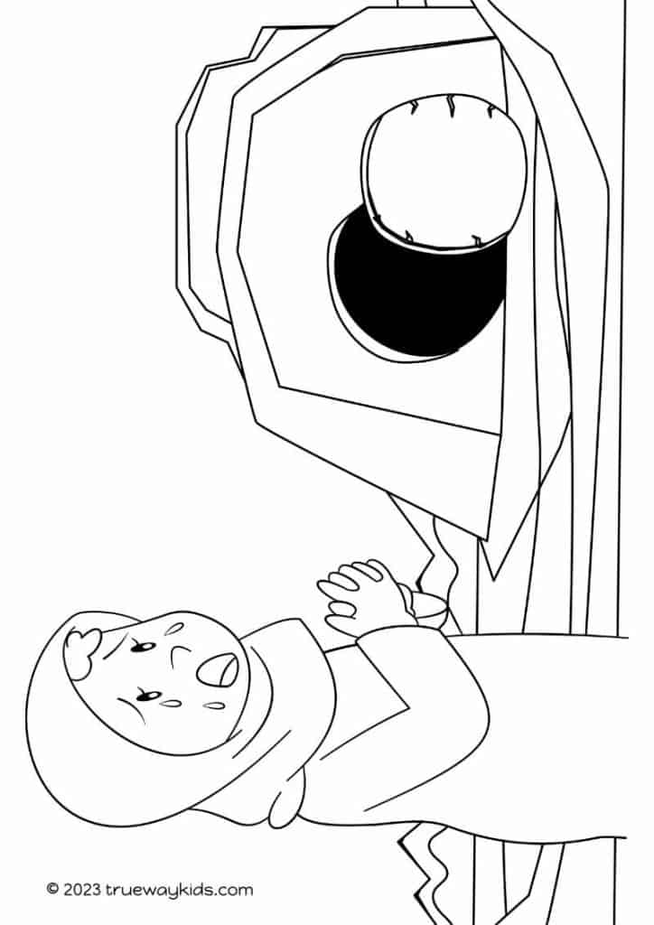 Mary Magdalene on Easter morning at the Empty tomb coloring page for kids