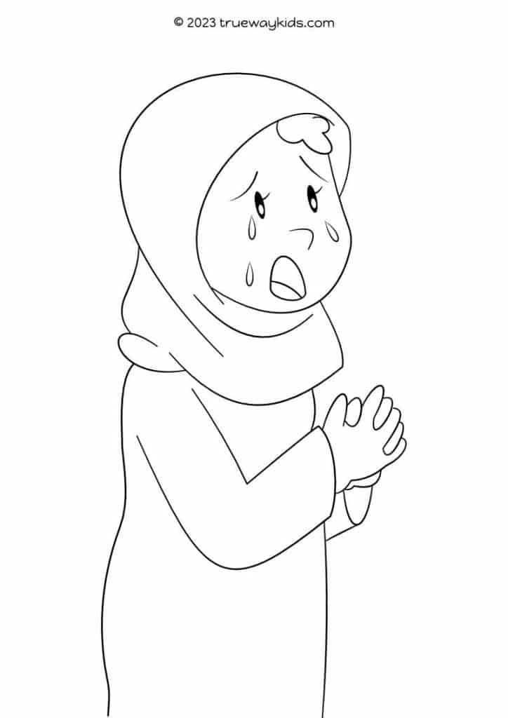 Mary Magdalene crying  on Easter morning at the Empty tomb coloring page for kids