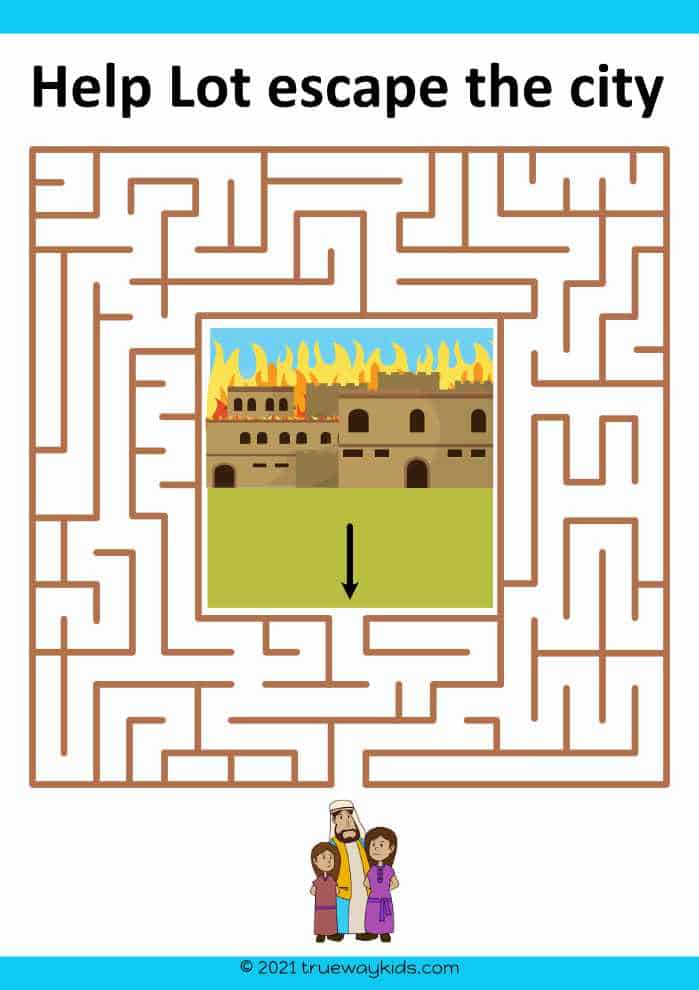 Help lot escape Sodom and Gomorrah. maze worksheet for kids