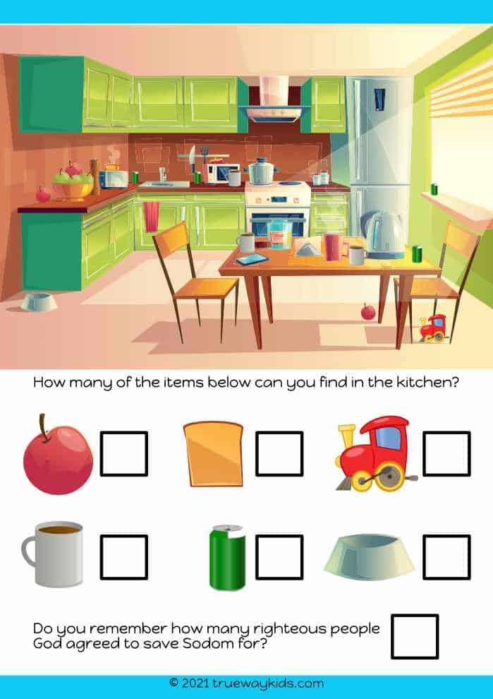 find the items in the picture of the kitchen worksheet for kids