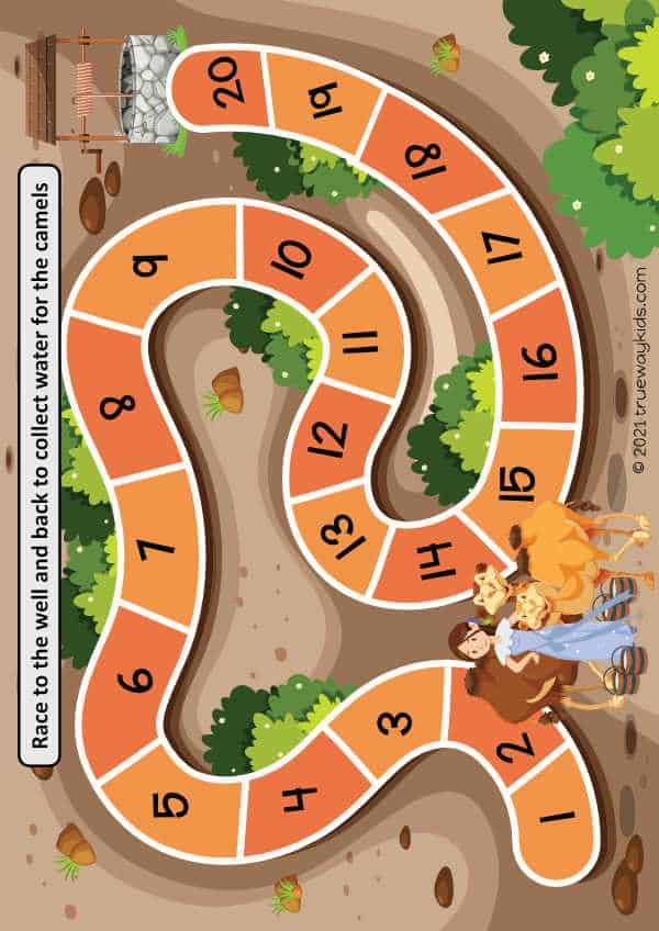 Introducing the Rebekah board game for kids! This fun game will help kids learn about Rebekah and the amazing journey she took to collect water for the camels. Perfect for bible lessons for 5-10 year old children. Download our free printable worksheets, study guide, Bible story, games, crafts, coloring pages and more!