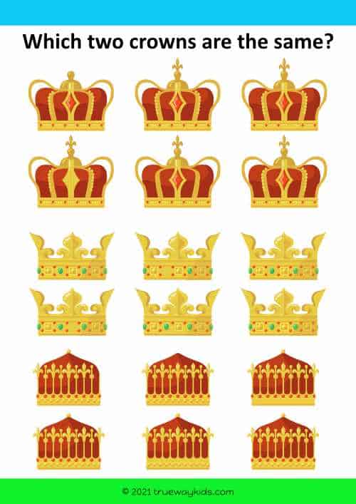 King Saul - match the crowns - worksheet for kids
