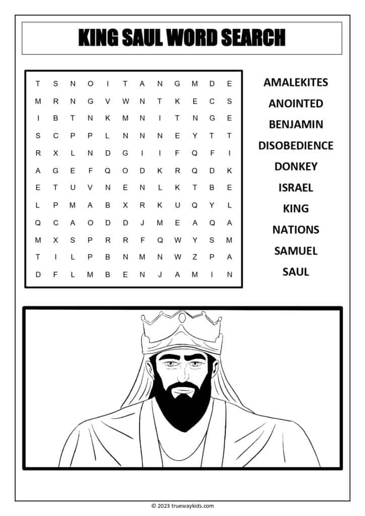 King Saul word search worksheet for teens