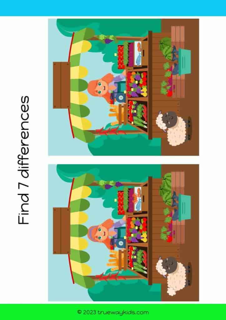 Easy spot the 7 differences worksheet for kids. Farmer market stall