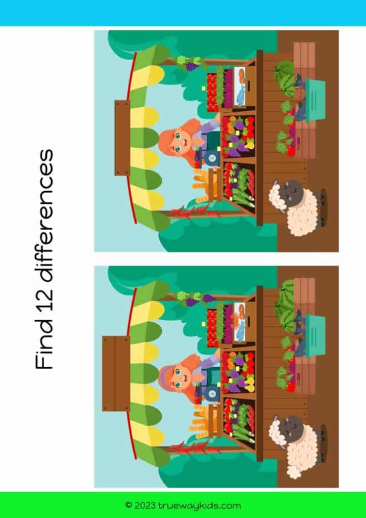 Spot 12 differences in the farmer market stall. worksheet for kids