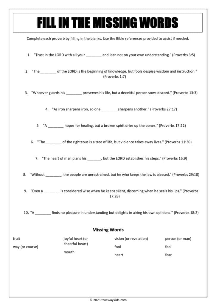 Fill in the missing words. Proverbs Bible worksheet for youth