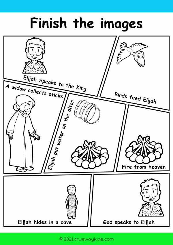 Finish the comic pages images for Elijah Bible story - worksheet for kids