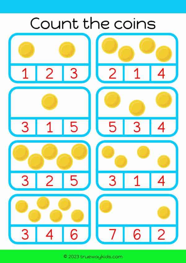 Count the coins - maths worksheet for kids
