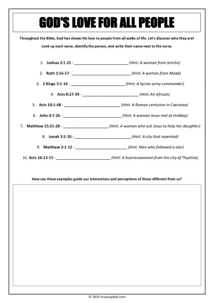 God's love for people - Bible reference worksheet for youth