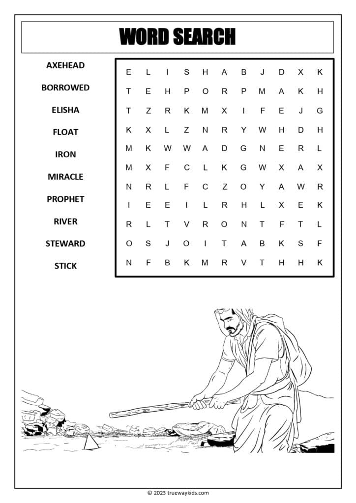 Elisha and the Floating Axe Head (2 Kings 6:1-7) Word search worksheet for teens