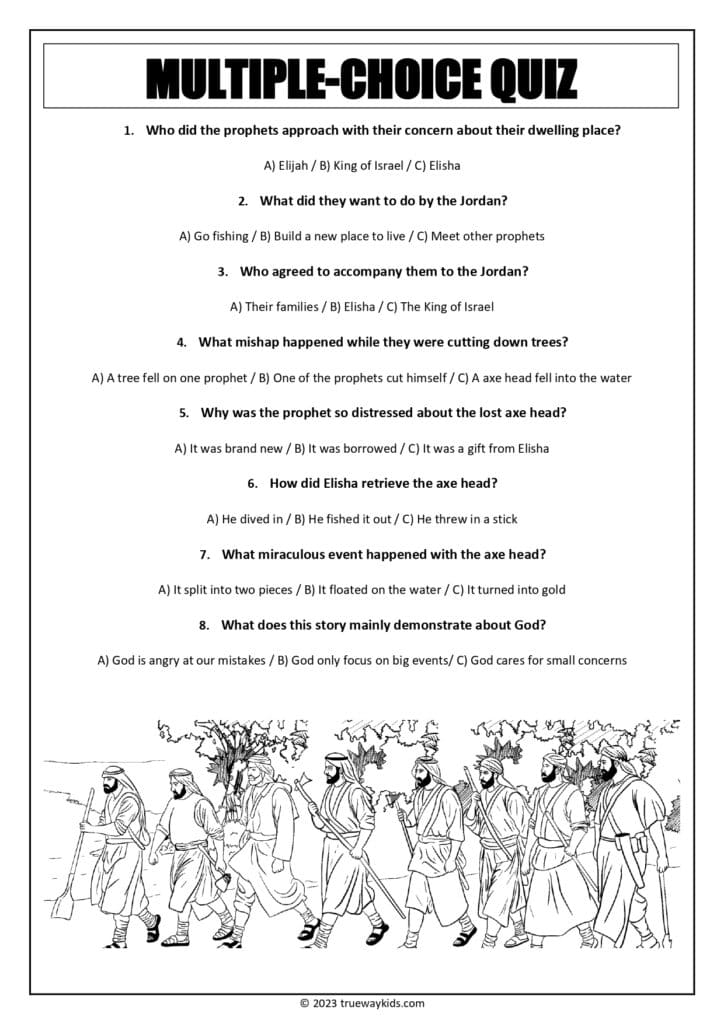 Elisha and the Floating Axe Head (2 Kings 6:1-7) Multiple choice quiz worksheet for teens