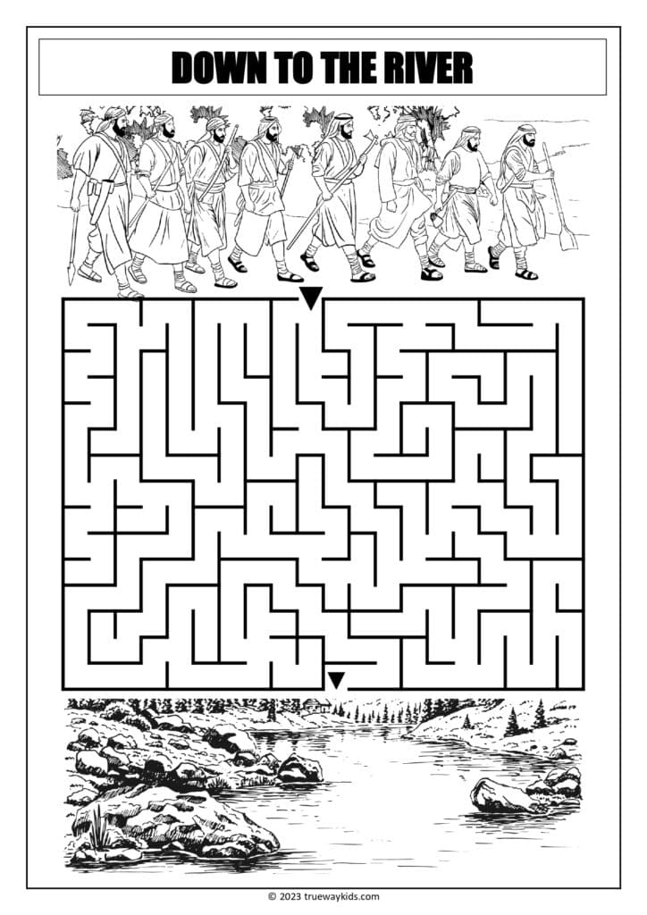 Elisha and the prophets go down to the river - maze worksheet for teens