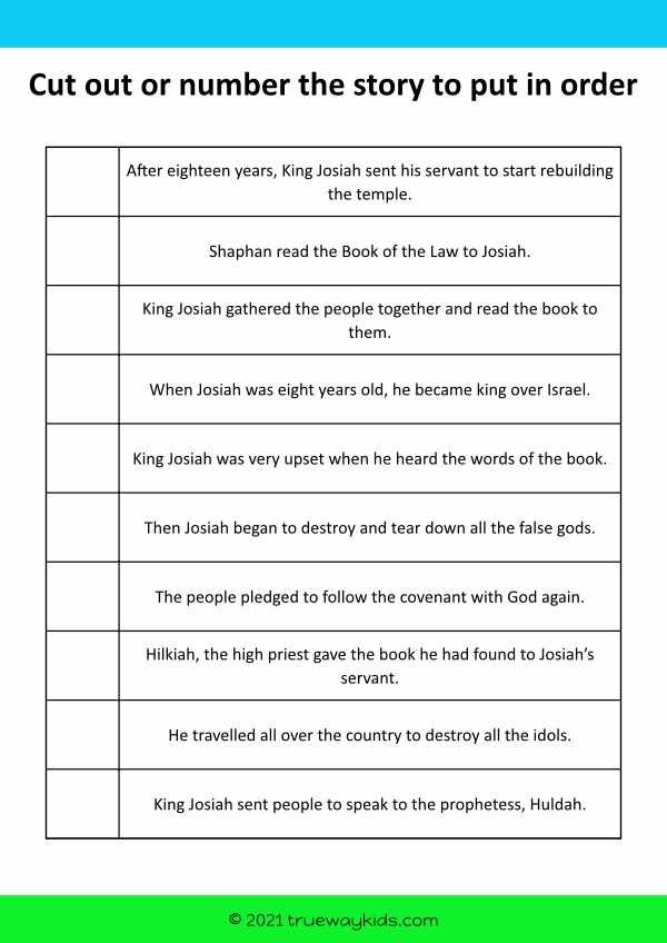 King Josiah - order the story - Bible worksheet for kids