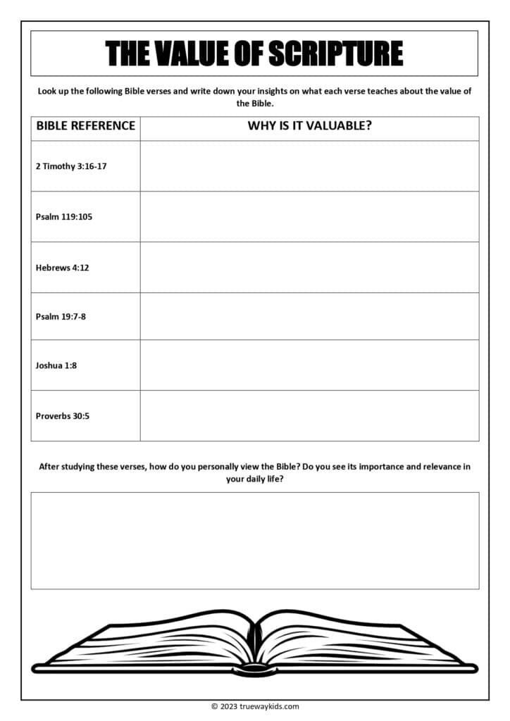 Value of Scripture - Bible worksheet for youth