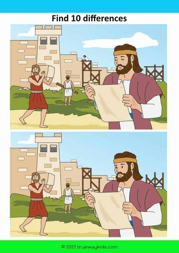 Nehemiah rebuilds the walls - spot the difference worksheet for kids