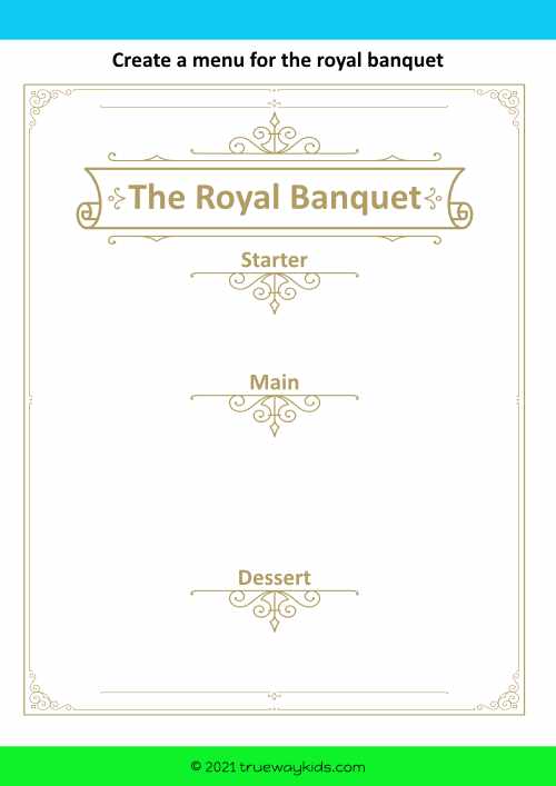 Plan a Royal banquet worksheet for kids