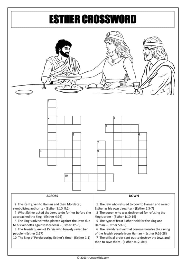 Esther Cross Word puzzle worksheet for youth