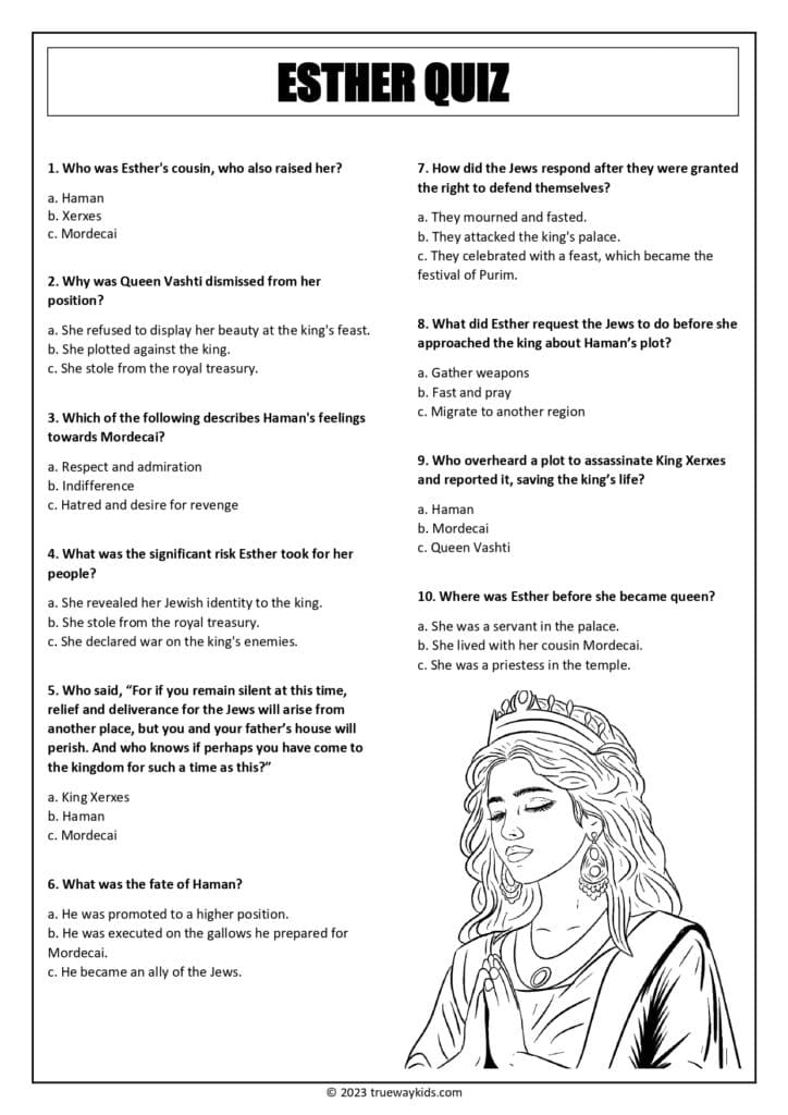 Esther Bible quiz worksheet for youth - multiple choice