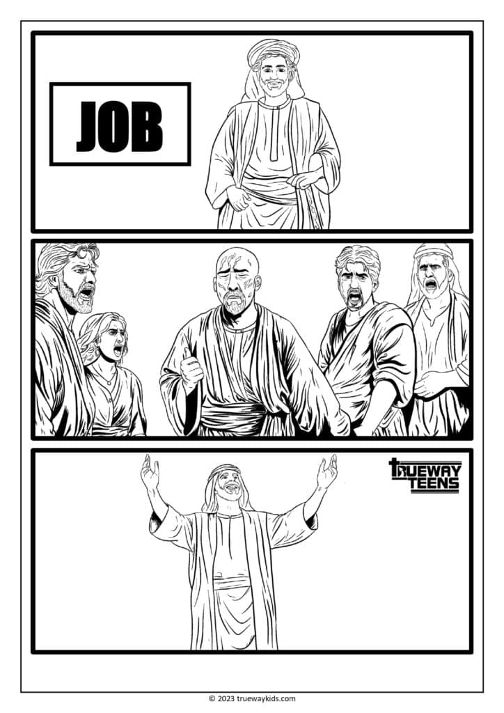 Job colouring page for teens. Comic style Bible page