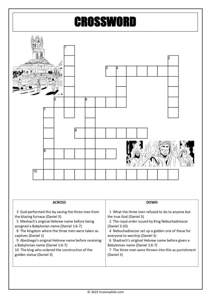 Shadrach, Meshach, and Abednego  Crossword worksheet for Youth
