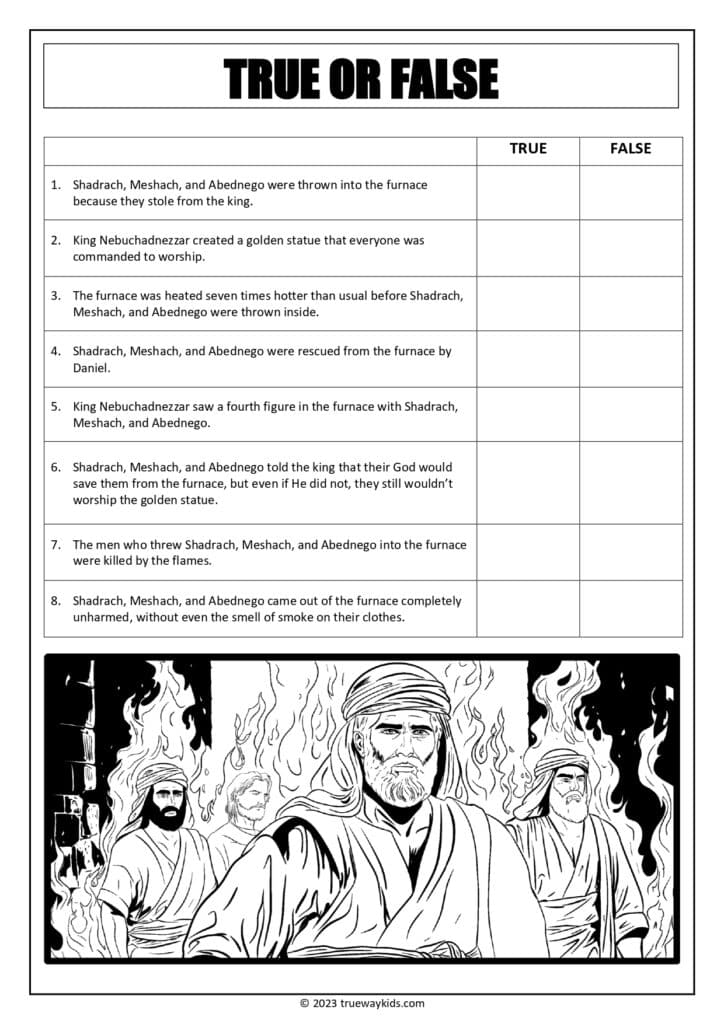 Shadrach, Meshach, and Abednego True or False worksheet for Youth