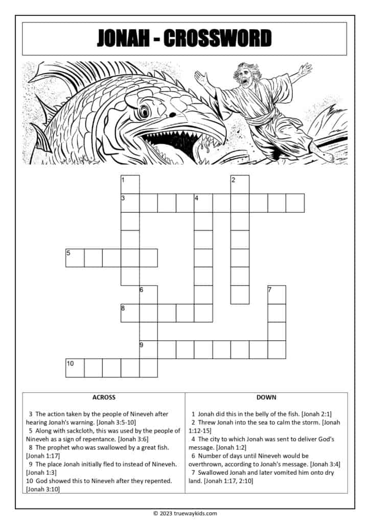 Jonah crossword puzzle worksheet for youth