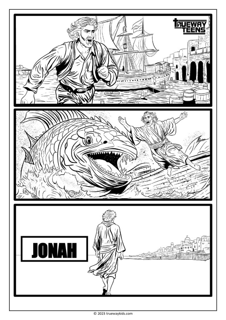 Check out this awesome Jonah coloring page designed in a graphic novel style. 🐋 Dive into the exciting story of Jonah from the Bible with this printable page from Trueway Teens. Perfect for Bible lessons, church activities, or even personal reflection. 