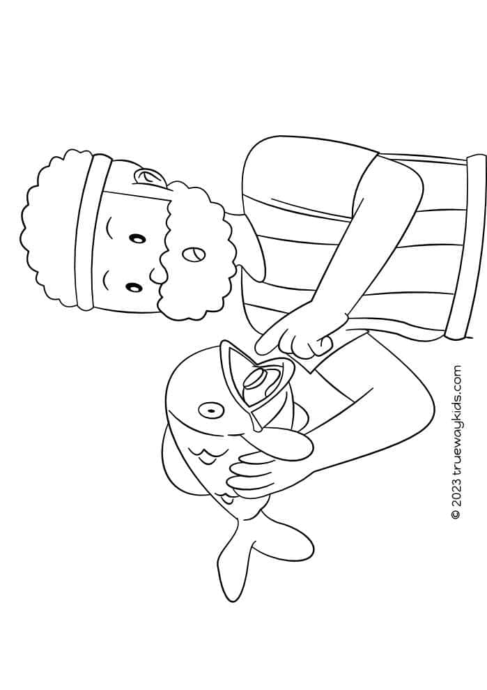 Peter finds the coin in the fish's mouth - story coloring page for kids