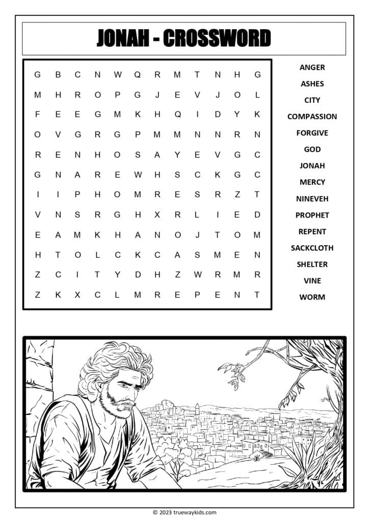 Jonah chapter 4 - word search worksheet for Youth