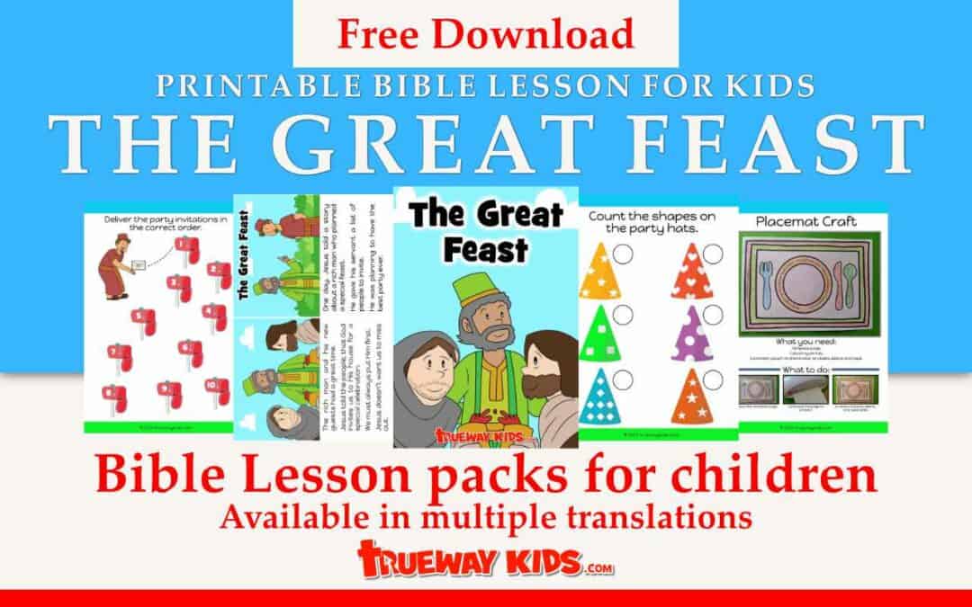 Free printable kids Bible lesson. In Luke 14:15-24, Jesus tells the parable of the great banquet and reminds us that God invites us to join Him for a special celebration.