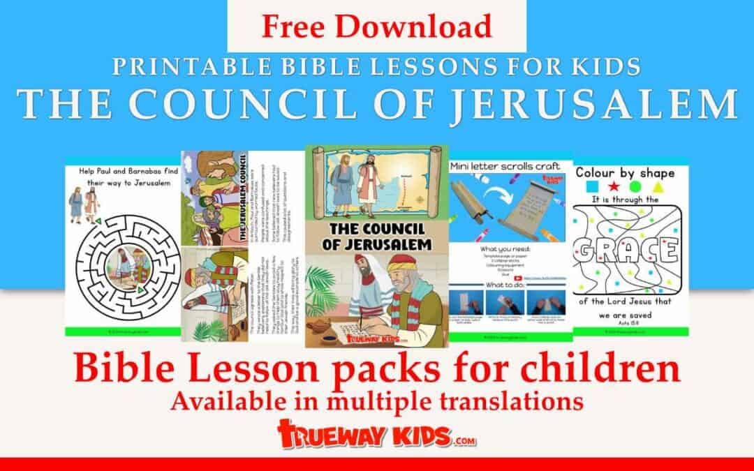 Download free Bible lesson packs on the Council of Jerusalem from Acts 15, perfect for kids' activities at home or church. Includes engaging crafts, interactive games, and detailed teaching guides to help children learn about faith and God's grace. Get your free lesson packs now!"